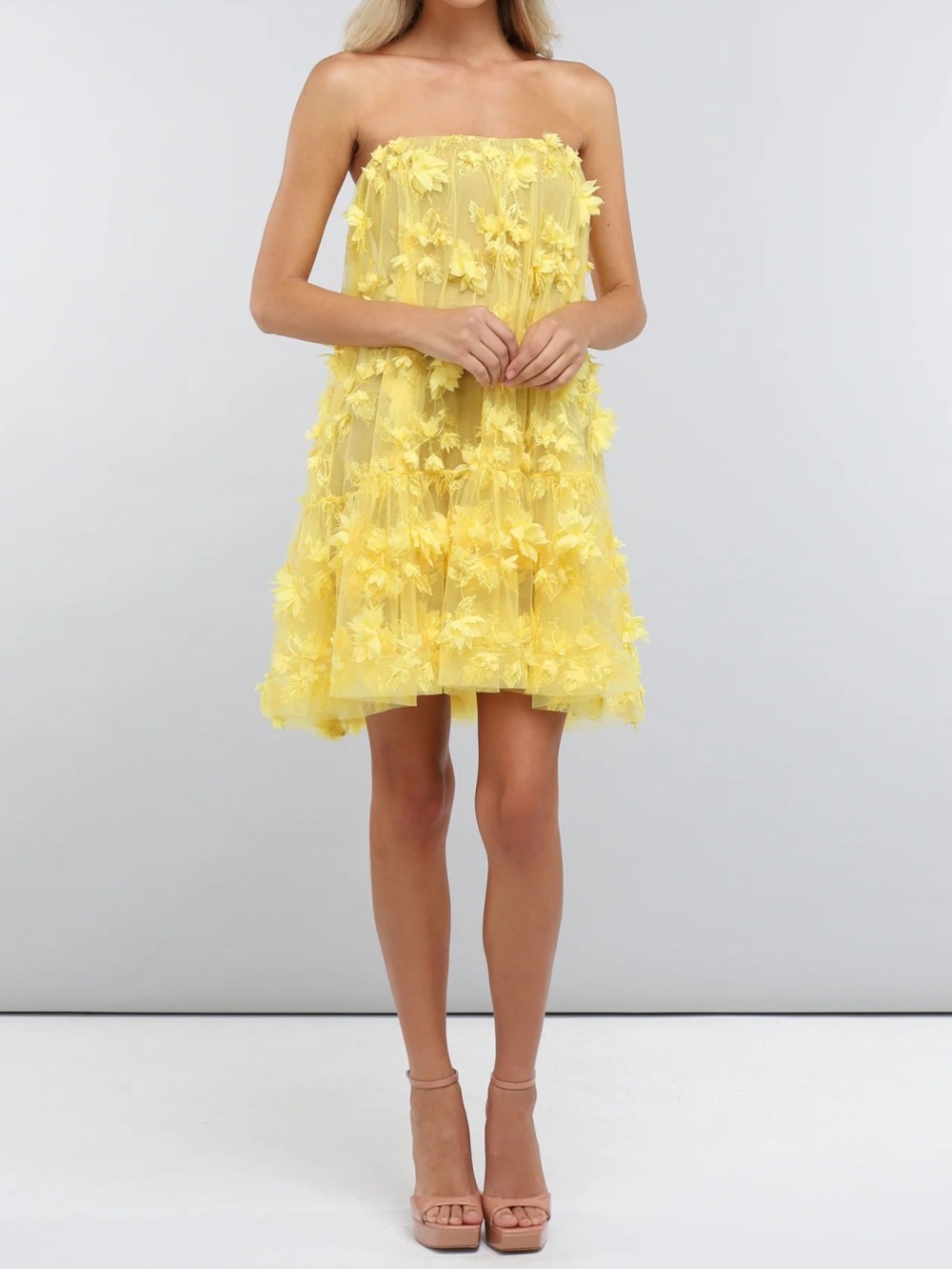 Helsi Bianca Yellow Strapless 3D Floral Short Prom Dress Size XS NWT